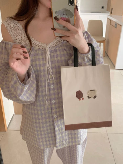 Pajama Set: Gingham Lace Panel Top and Pants