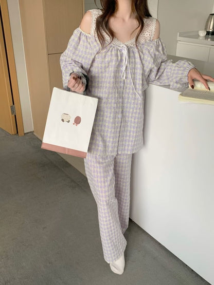 Pajama Set: Gingham Lace Panel Top and Pants