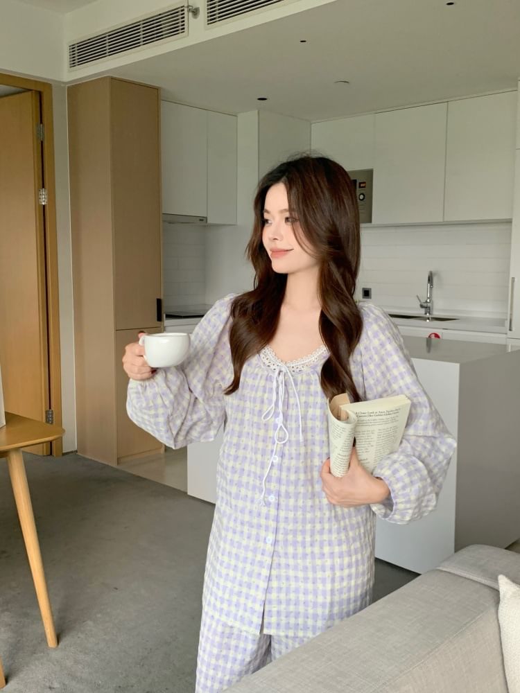 Pajama Set: Gingham Lace Panel Top and Pants