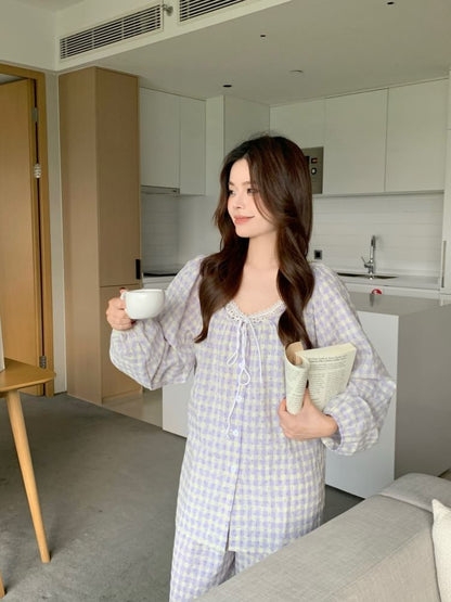 Pajama Set: Gingham Lace Panel Top and Pants