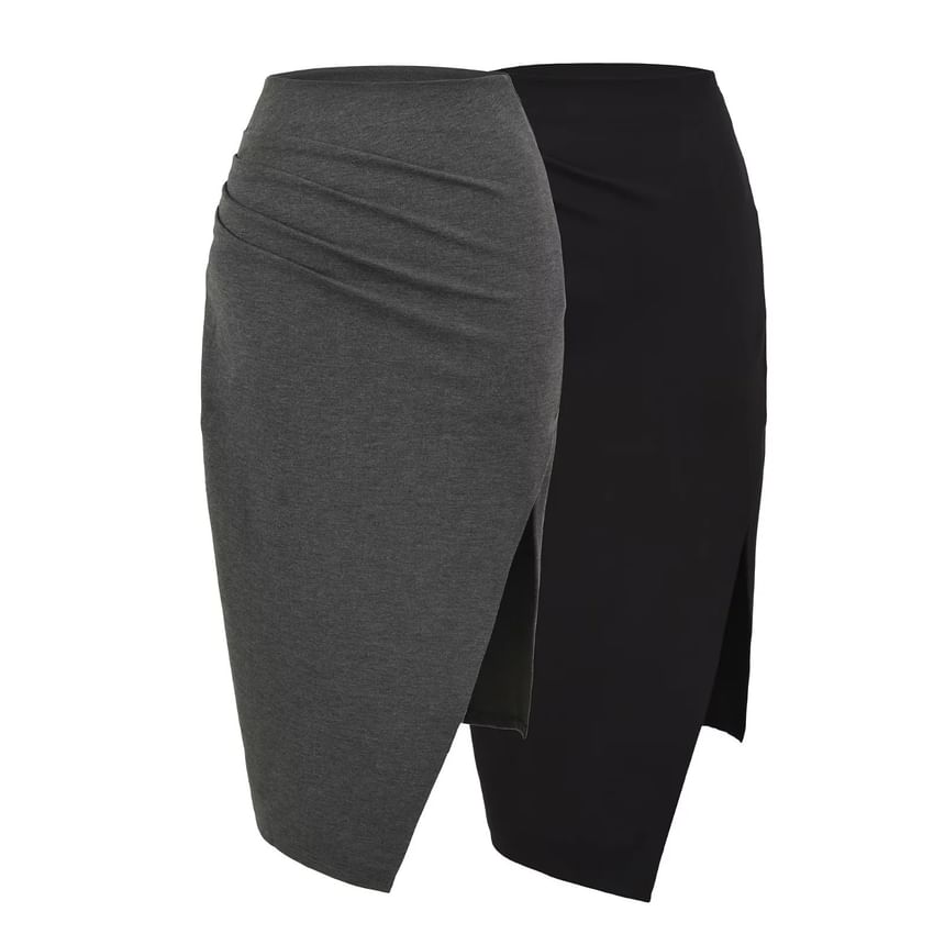 High Rise Solid Slit Midi Pencil Skirt