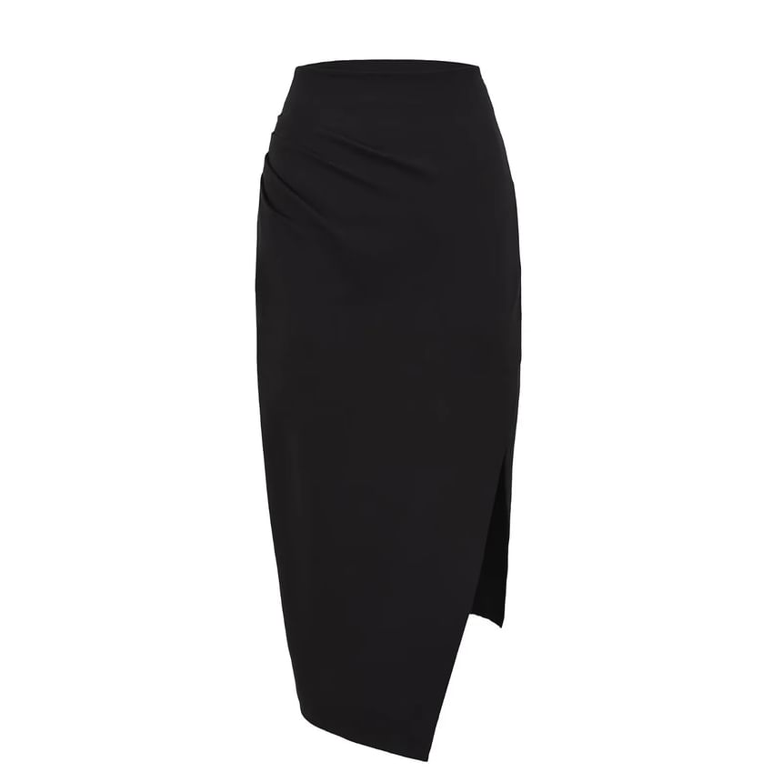 High Rise Solid Slit Midi Pencil Skirt