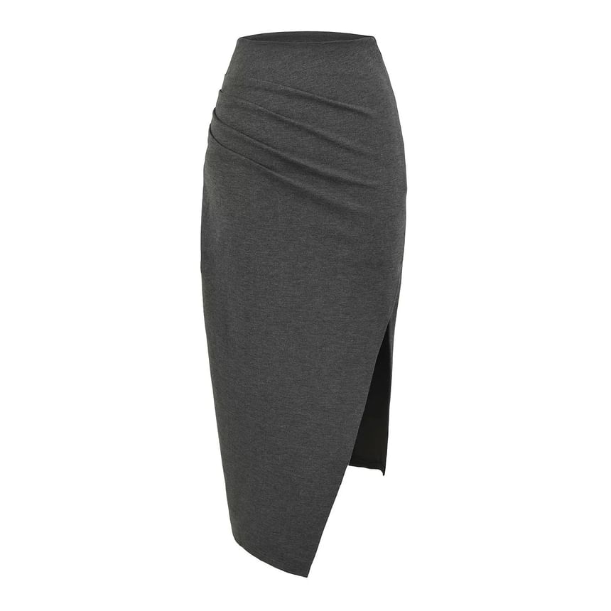 High Rise Solid Slit Midi Pencil Skirt