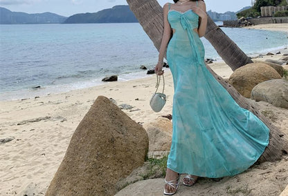 Spaghetti Strap V-Neck Tie Dye Lace Trim Cutout Maxi Mermaid Dress