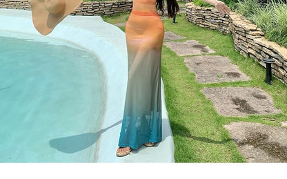 Spaghetti Strap V-Neck Gradient Cutout Mesh Maxi Mermaid Dress