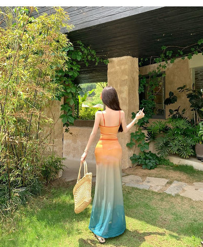 Spaghetti Strap V-Neck Gradient Cutout Mesh Maxi Mermaid Dress