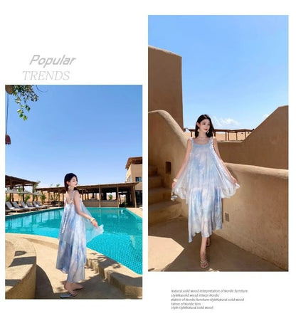 Spaghetti Strap Tie Dye Mesh Panel Layered Midi Sundress