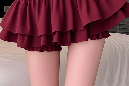 Mid Rise Plain Mini Tiered Skirt