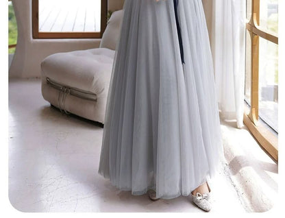 Plain Sashed Mesh Maxi A-Line Bridesmaid Dress