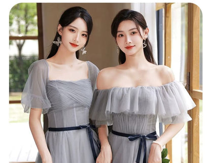 Plain Sashed Mesh Maxi A-Line Bridesmaid Dress