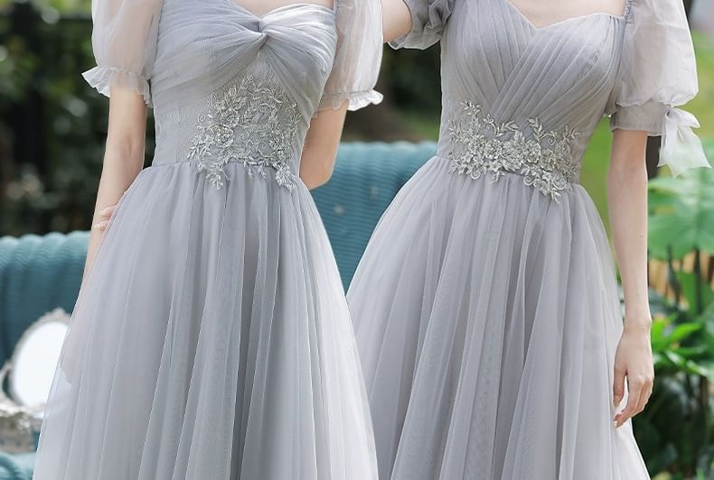 Short-Sleeve Floral Applique Mesh Maxi A-Line Bridesmaid Dress