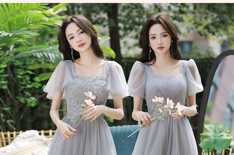 Short-Sleeve Floral Applique Mesh Maxi A-Line Bridesmaid Dress