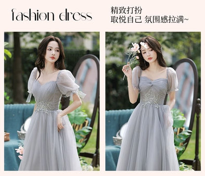 Short-Sleeve Floral Applique Mesh Maxi A-Line Bridesmaid Dress