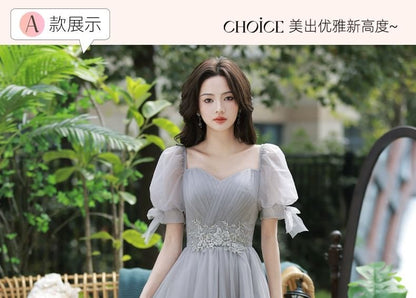 Short-Sleeve Floral Applique Mesh Maxi A-Line Bridesmaid Dress