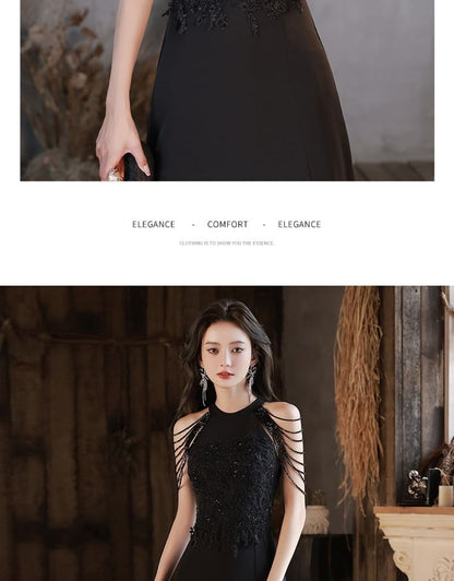 Halter Plain Slit Sequin A-Line Evening Gown