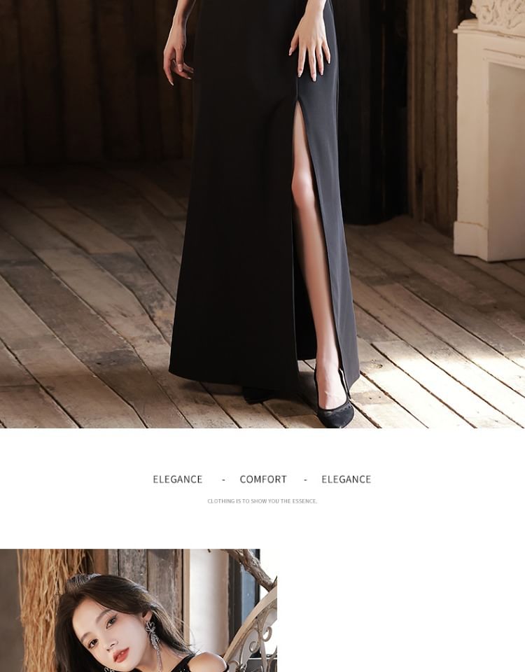 Halter Plain Slit Sequin A-Line Evening Gown