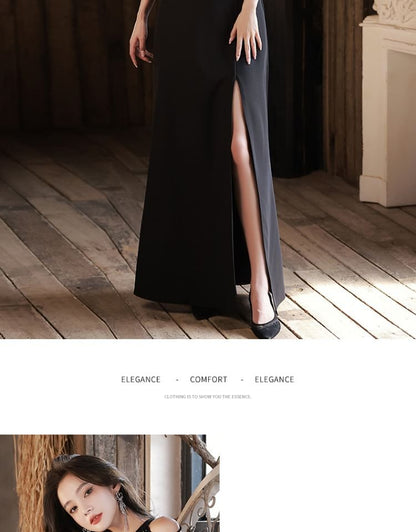 Halter Plain Slit Sequin A-Line Evening Gown