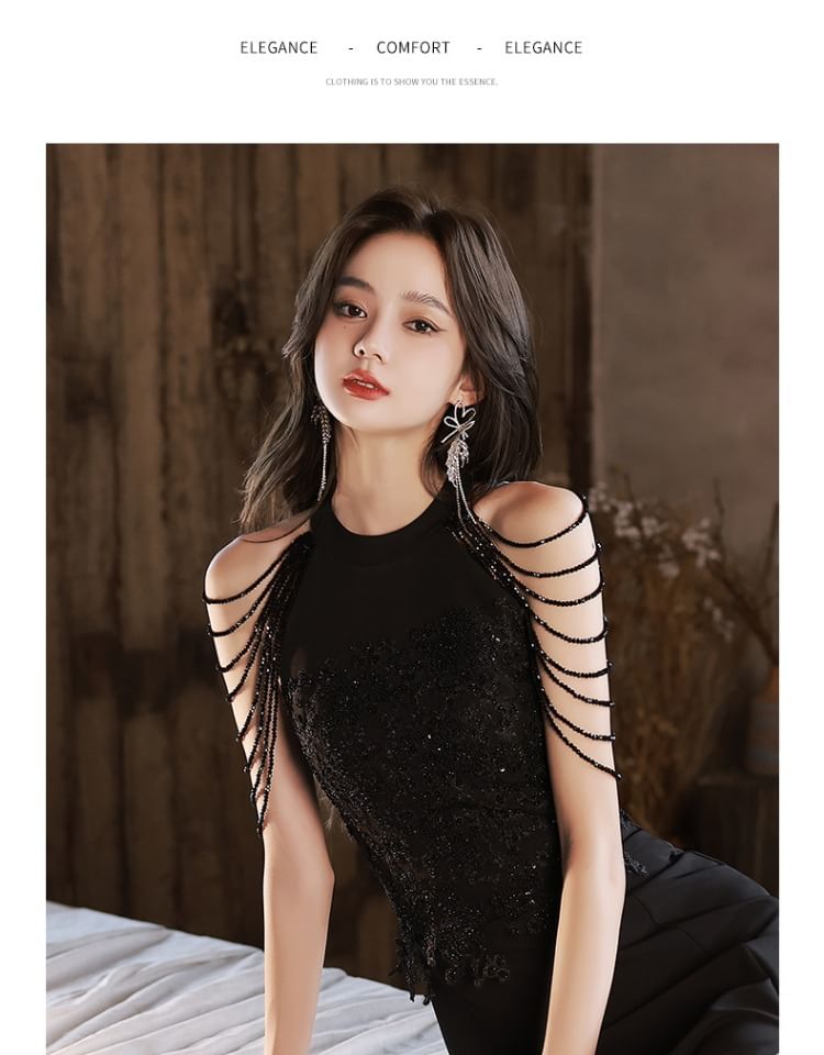 Halter Plain Slit Sequin A-Line Evening Gown