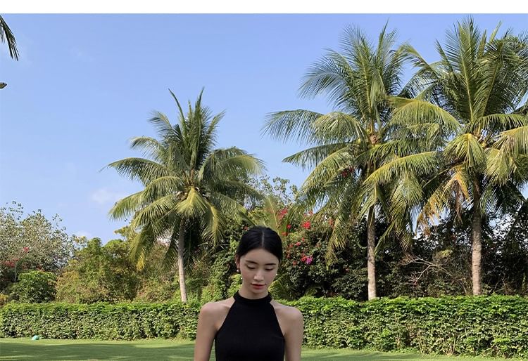 Plain Evening A-Line Midi Halter Dress