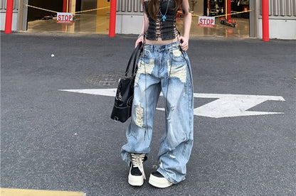 Low Waist Washed Distressed Baggy Jeans