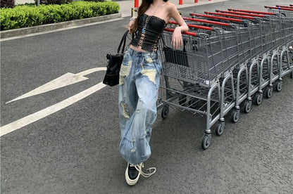 Low Waist Washed Distressed Baggy Jeans