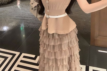 Round Neck Peplum Top & Tiered Mesh Maxi Skirt Set