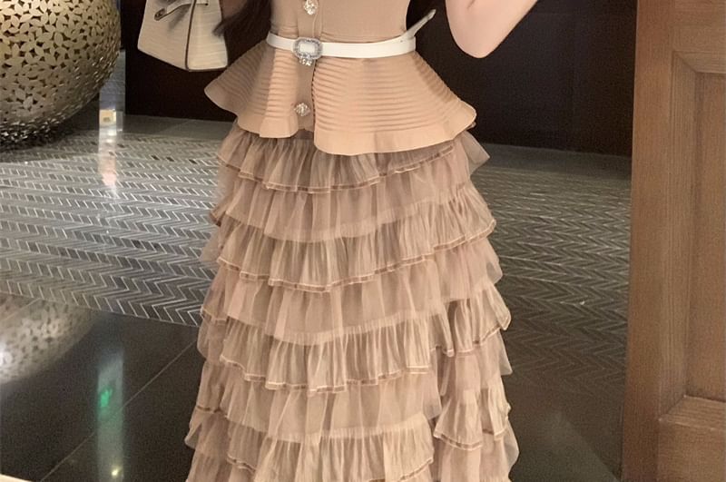 Round Neck Peplum Top & Tiered Mesh Maxi Skirt Set