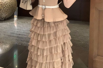 Round Neck Peplum Top & Tiered Mesh Maxi Skirt Set