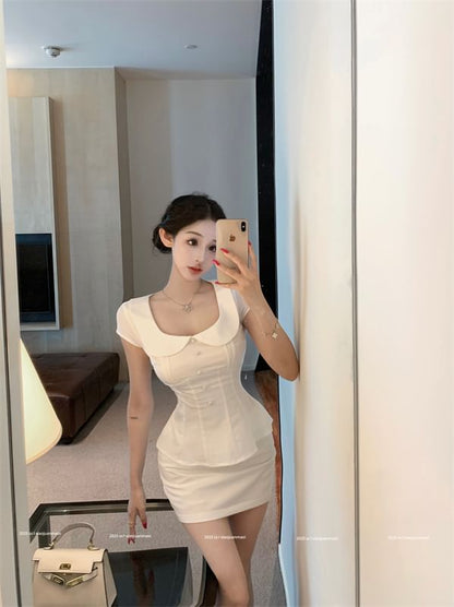 Collared Cap Sleeve Blouse with Pencil Mini Skirt