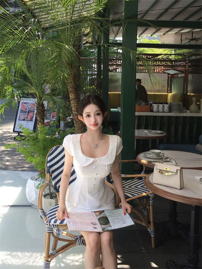 Collared Cap Sleeve Blouse with Pencil Mini Skirt