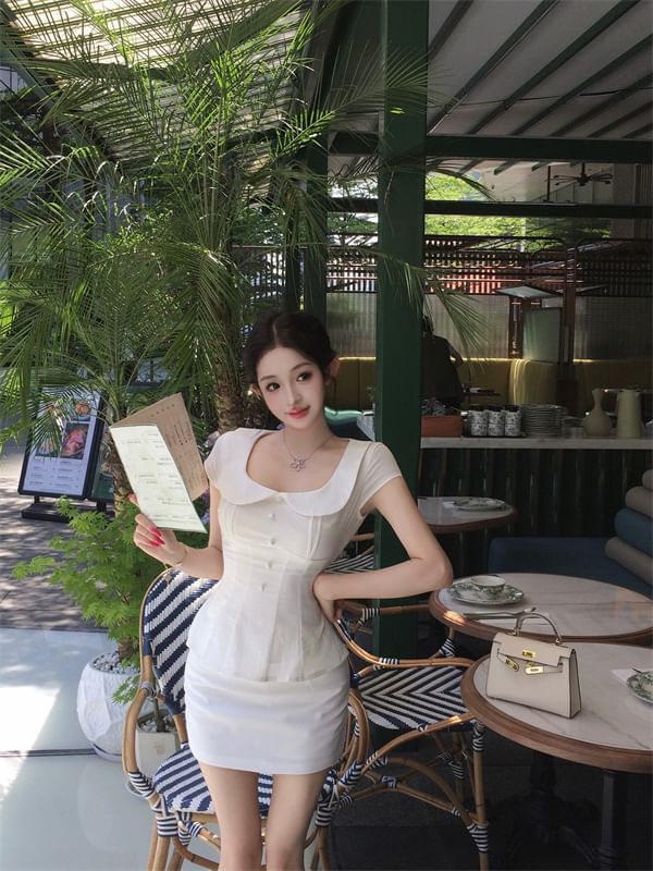 Collared Cap Sleeve Blouse with Pencil Mini Skirt