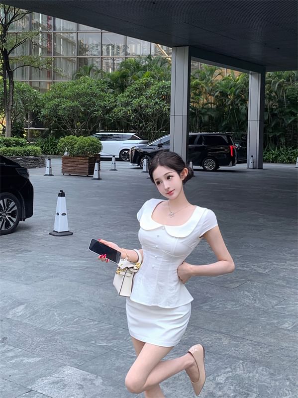 Collared Cap Sleeve Blouse with Pencil Mini Skirt