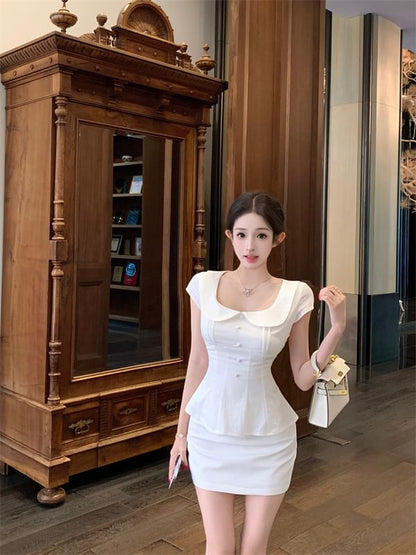Collared Cap Sleeve Blouse with Pencil Mini Skirt
