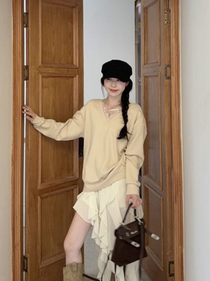 Lace Trim V-Neck Pullover with Ruffle Asymmetrical Skirt