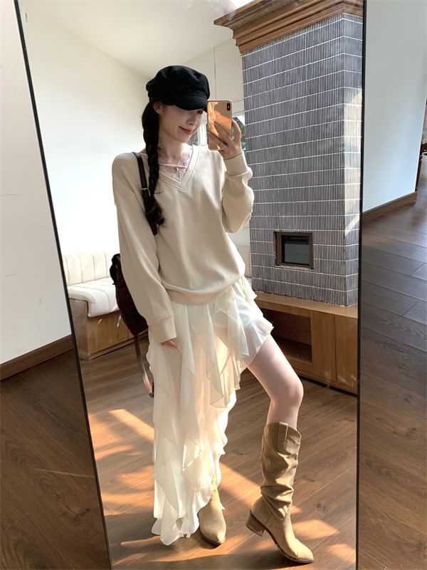 Lace Trim V-Neck Pullover with Ruffle Asymmetrical Skirt