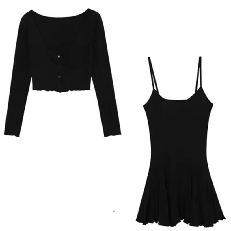 Set: Spaghetti Strap Plain Mini A-Line Dress + Cardigan