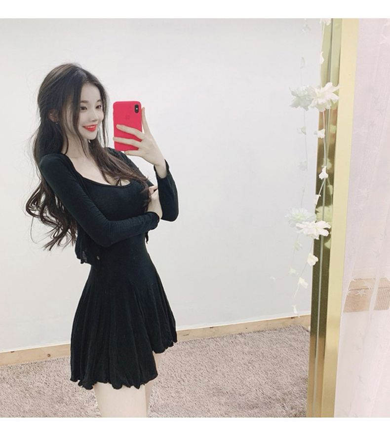 Set: Spaghetti Strap Plain Mini A-Line Dress + Cardigan