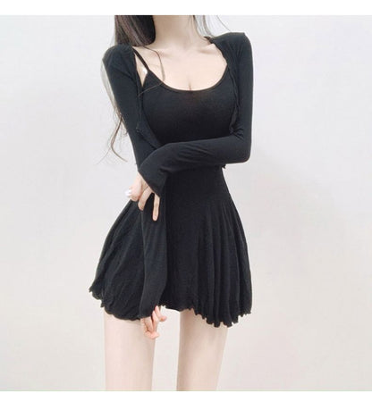 Set: Spaghetti Strap Plain Mini A-Line Dress + Cardigan