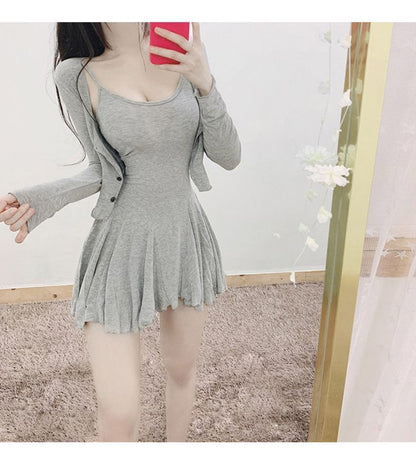 Set: Spaghetti Strap Plain Mini A-Line Dress + Cardigan