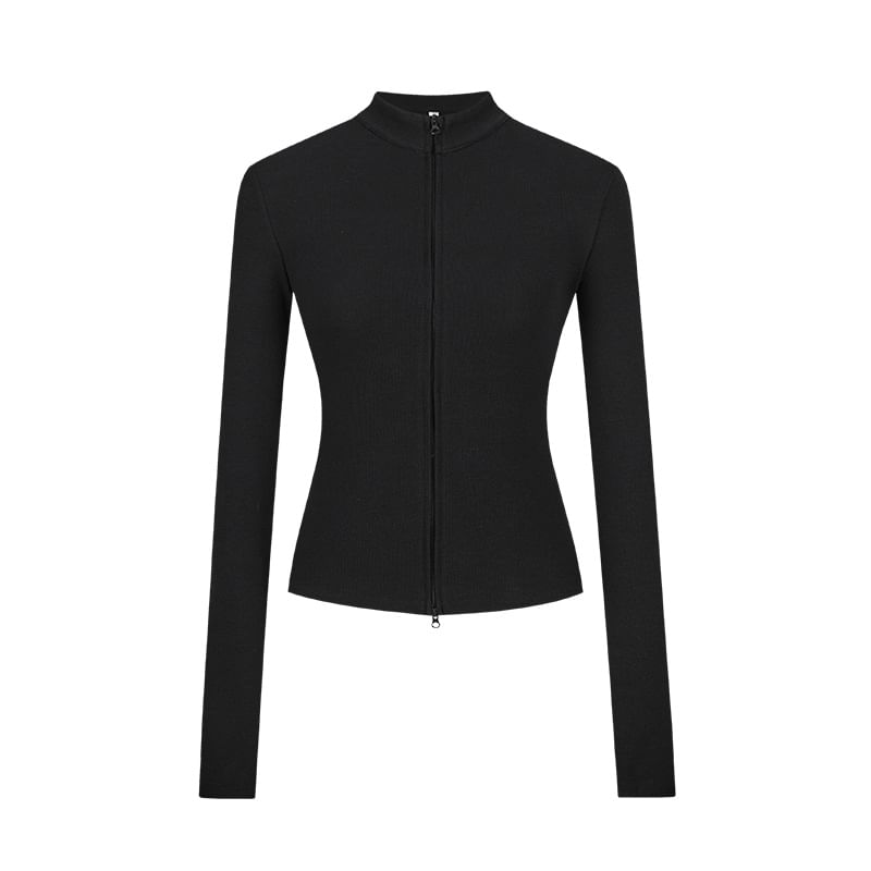 Zip-Front Long-Sleeved Solid Mock-Neck Shirt