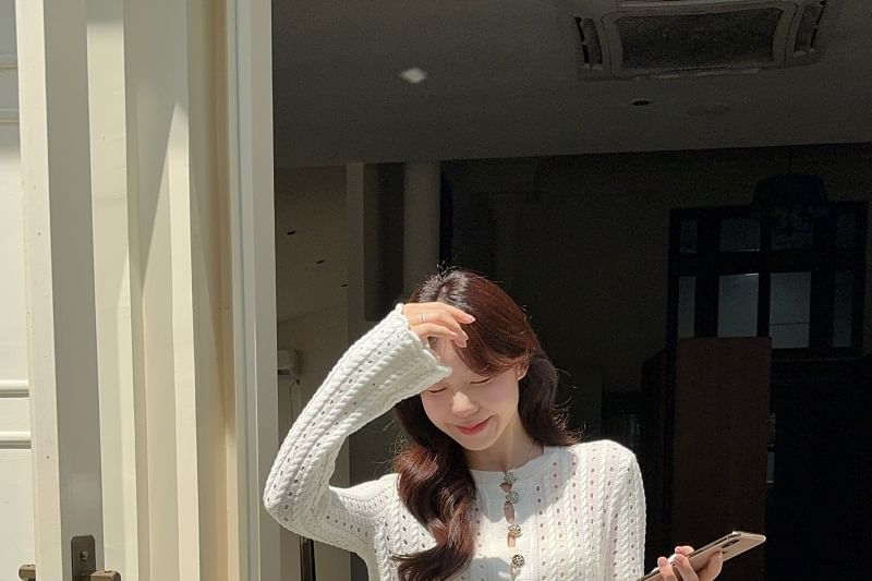 Pointelle Henley Sweater with A-Line Mini Skirt