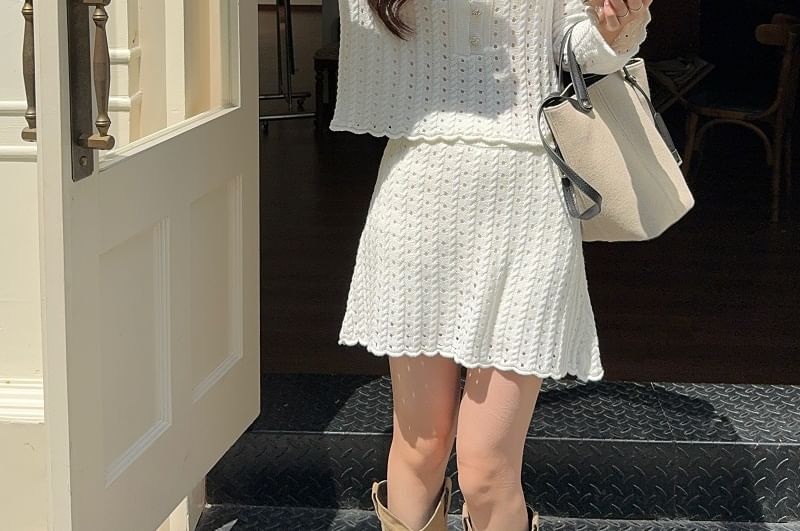 Pointelle Henley Sweater with A-Line Mini Skirt