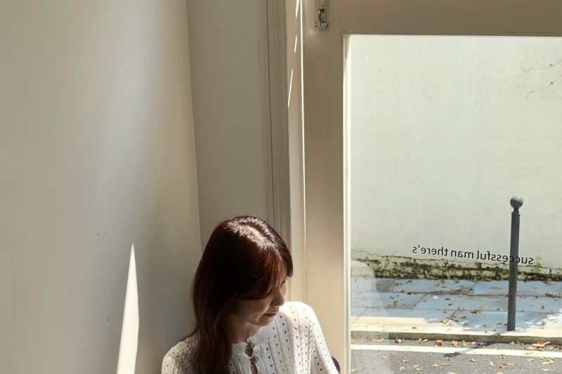 Pointelle Henley Sweater with A-Line Mini Skirt