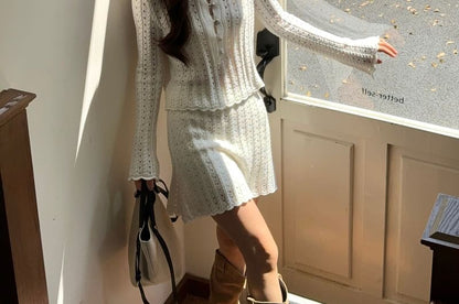 Pointelle Henley Sweater with A-Line Mini Skirt