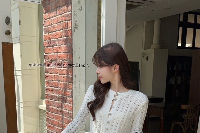 Pointelle Henley Sweater with A-Line Mini Skirt