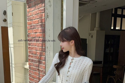 Pointelle Henley Sweater with A-Line Mini Skirt