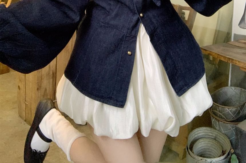 Bow Neck Long Sleeve Blouse with Bubble A-Line Mini Skirt