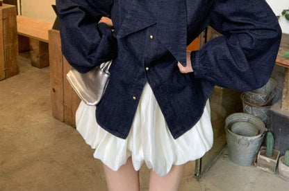 Bow Neck Long Sleeve Blouse with Bubble A-Line Mini Skirt