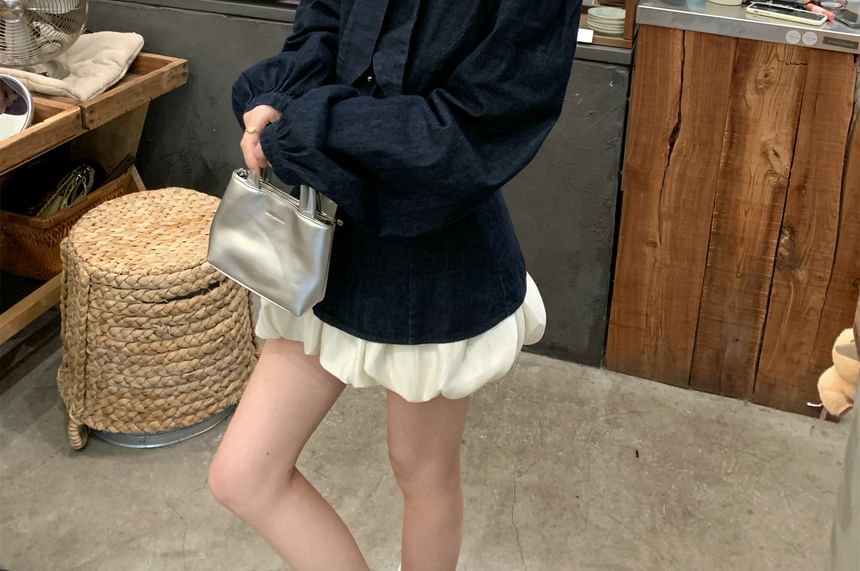 Bow Neck Long Sleeve Blouse with Bubble A-Line Mini Skirt