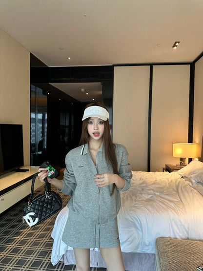 Contrast Trim Zip Jacket with A-Line Mini Skirt